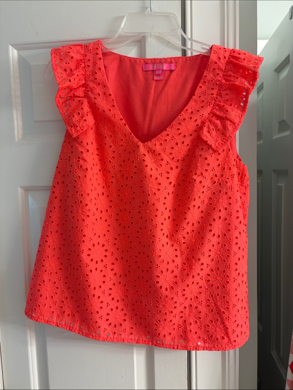Lilly Pulitzer Coral Eyelet V-Neck Ruffle Sleeve Camisole